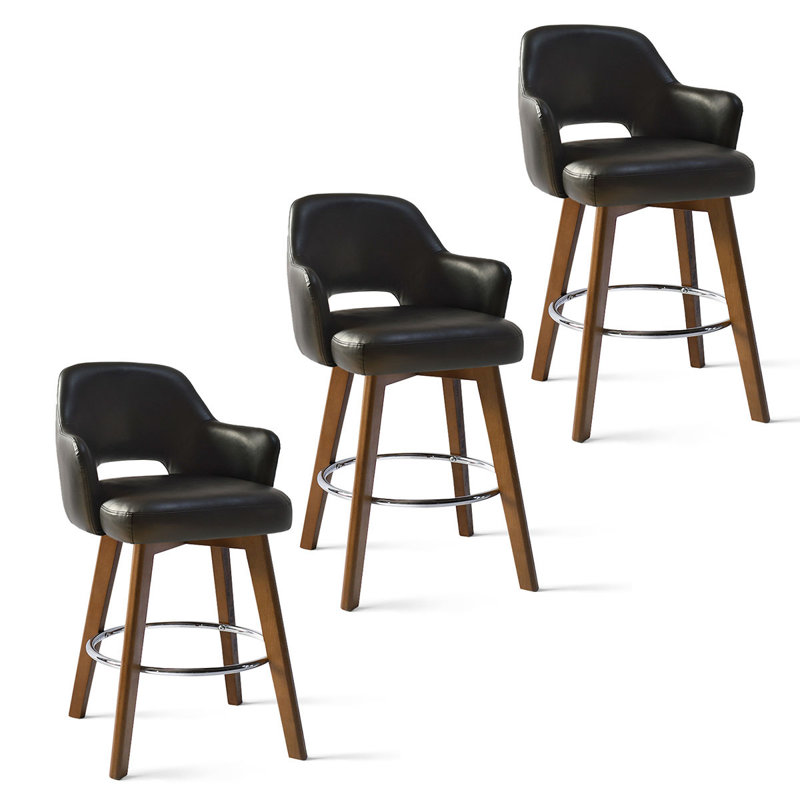 Celines 26.5" Swivel  360-degree Faux Leather Upholstered Counter Stool Set of 3, Black