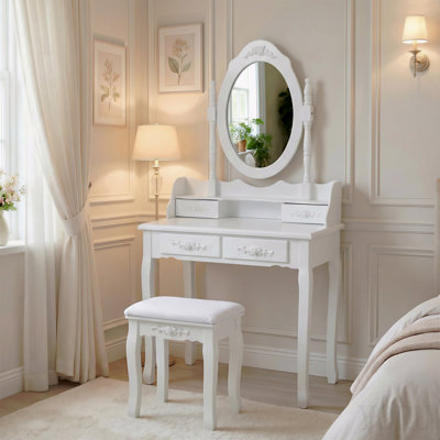 White Princess Vanity Desk Set With Mirror & Cushioned Stool, 4-Drawer Wooden Makeup Vanity Table For Girls' Bedroom, Dressing Table With Ample Storage