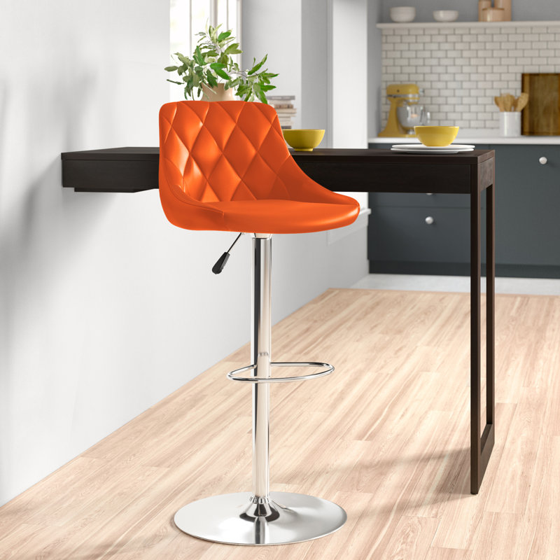 Hilia Vinyl Bucket Seat Adjustable Height Barstool with Diamond Pattern Back, Orange
