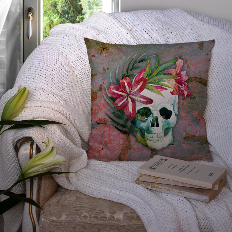 Coussin intérieur/extérieur à fleurs crâne, 14 po x 14 po