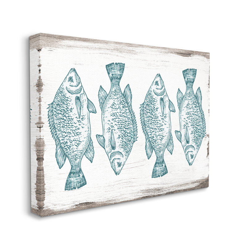 «Vintage Fish Illustration Nautical Pattern Blue White Brown» par Daphne Polselli - impression, H 16 po x l 20 po