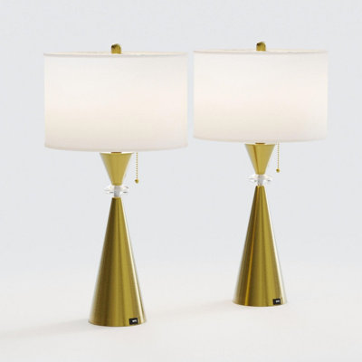 2-Pack 28" Tall Table Lamps, Modern Bedside Lamps with USB Charging Ports, Brushed Gold Hourglass Metal Base & White Drum Shade, for Living Room, Bedroom, Bulbs Not Included