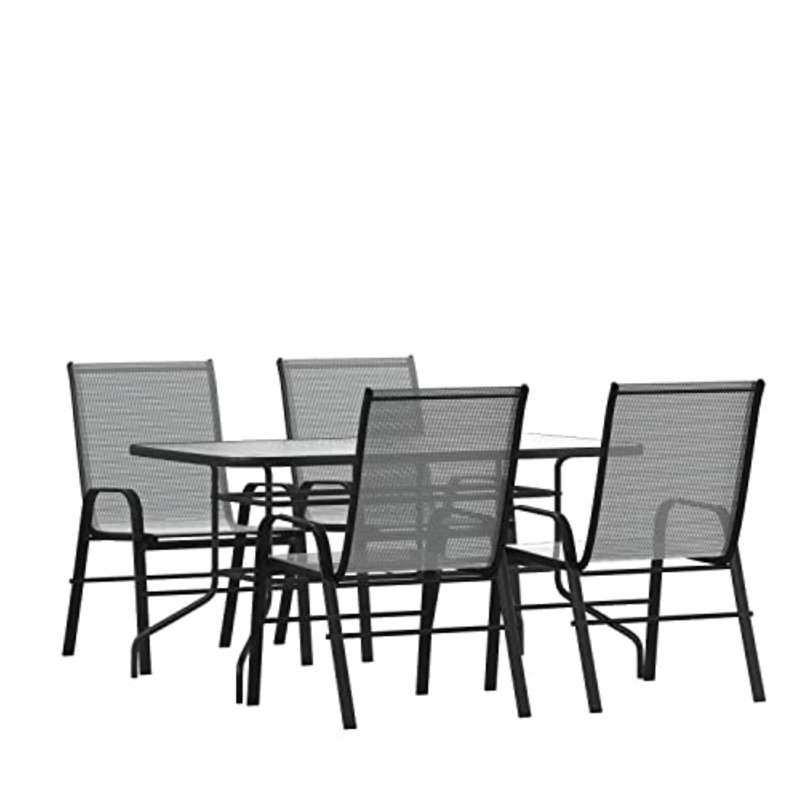 Elgin Patio Dining Set with Glass Table and Flex Stack Chairs, Gray, 4