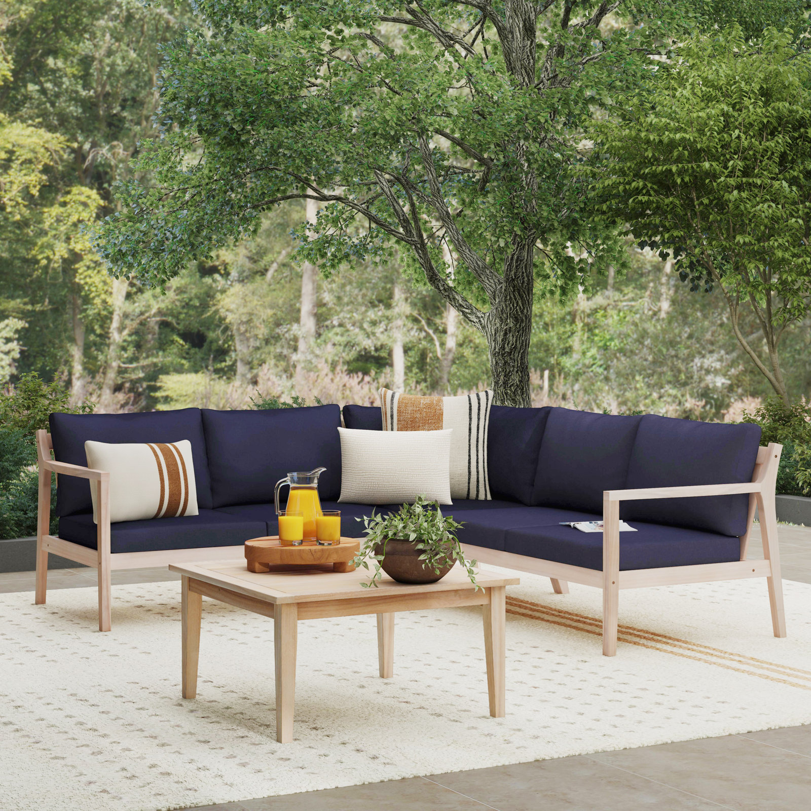 Amina 5-Person Acacia Patio Seating Group, Navy Performance Olefin