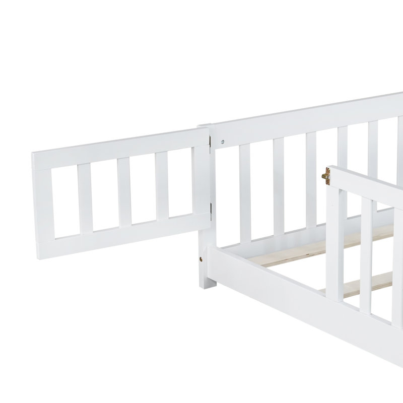 Full Size Floor Bed With Fence And Door,rubber Wood Floor Bed W/safety Guardrails/near The Ground,easy To Assemble & No Box Spring Needed,white