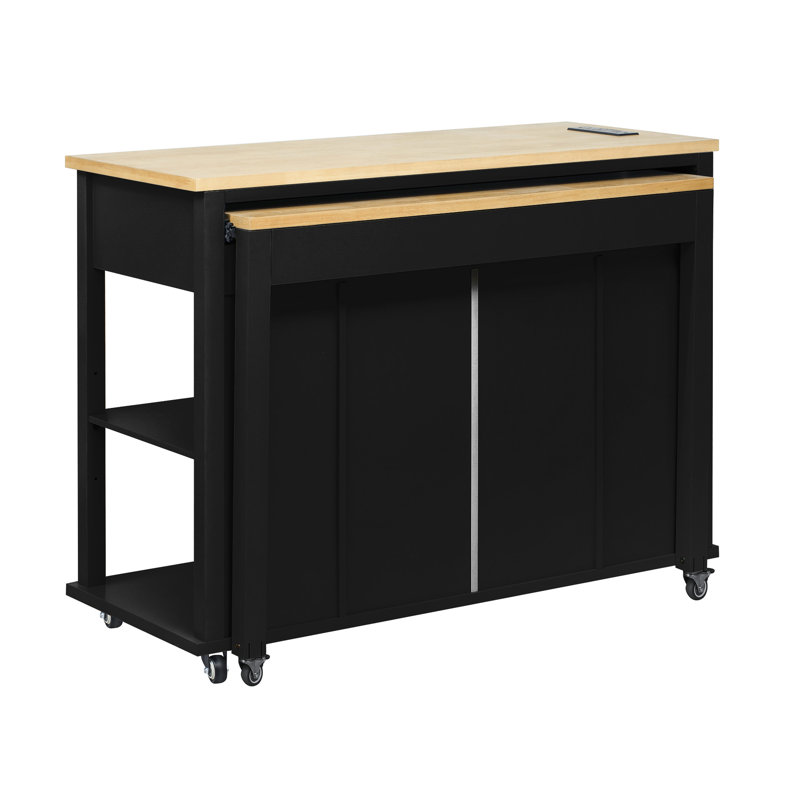 Extendable Kitchen Island With 47.2" Dimension, Rubber Wood Veneer Top, Storage Cabinets, Power Outlet, Mobile And Stationary Setup 47 - Inch Veneer, Drawers, Soft Close Hinges, For Use