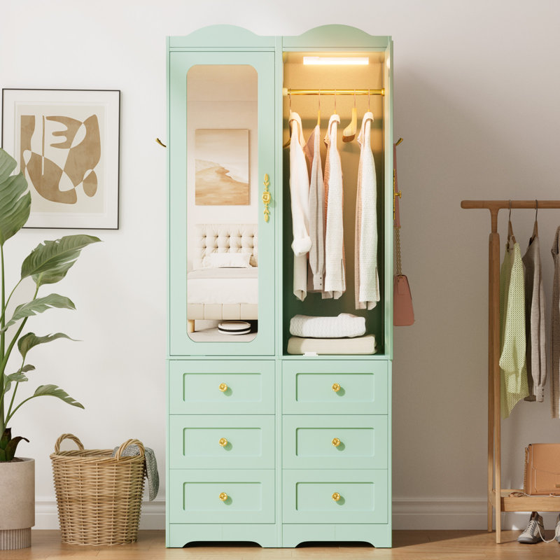 Armoire-penderie avec 6 tiroirs, miroir, tringle et éclairage DEL à détecteur de mouvement pour chambre à coucher, verte