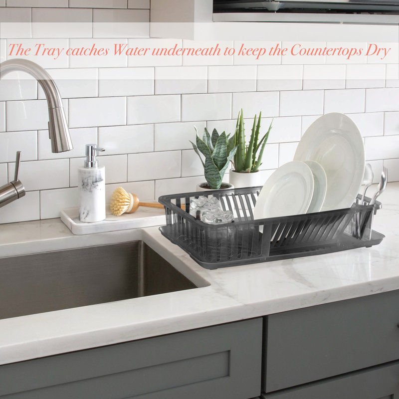 Smoke Gray Plastic Dish Rack with Utensil Cup and Tray