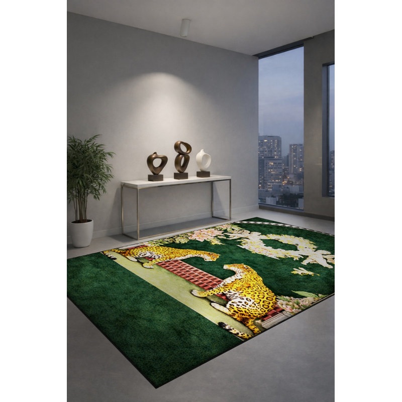 Tapis vert tissé à motif floral lavable Mosso, 2'6" x 4'11"