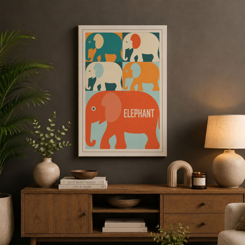 Elephant Study Grid Mid-Century - Wrapped Canvas, 30x20 - 76.2 x 50.8 cm, Sage Border