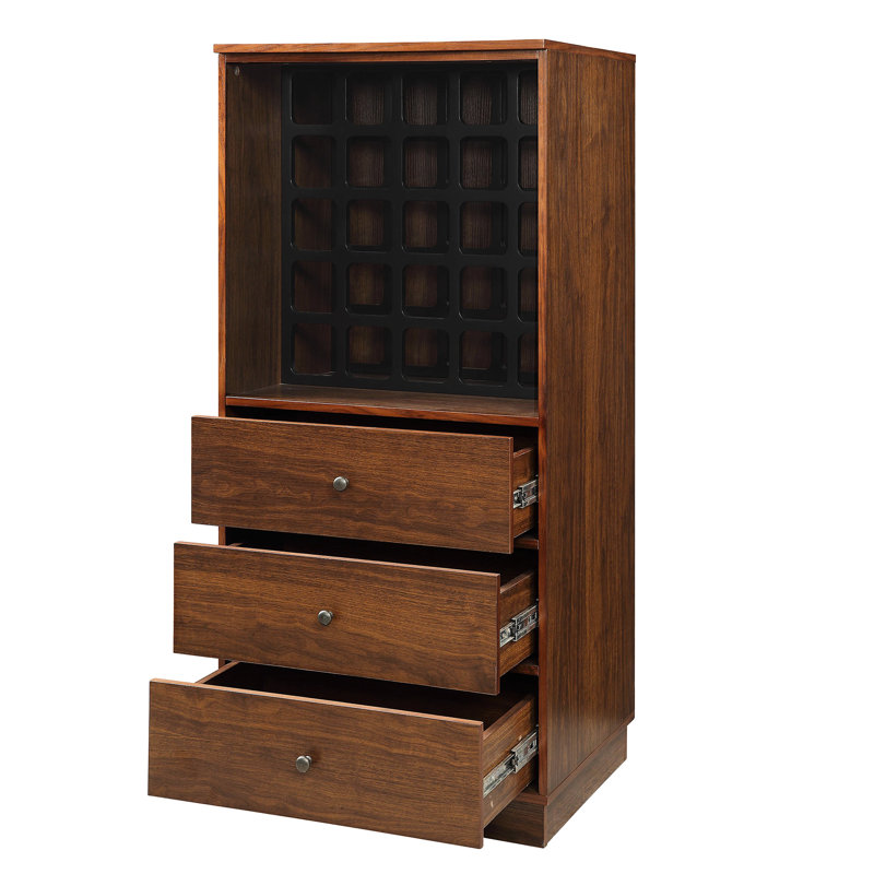 Armoire à vin en noyer avec 25 supports et 3 tiroirs rectangulaire en noyer, rangement pour 25 bouteilles, glissière en métal