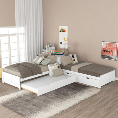 Twin Size L Shape Platform Bed Frame With Trundle, Rawers And Built-In Table