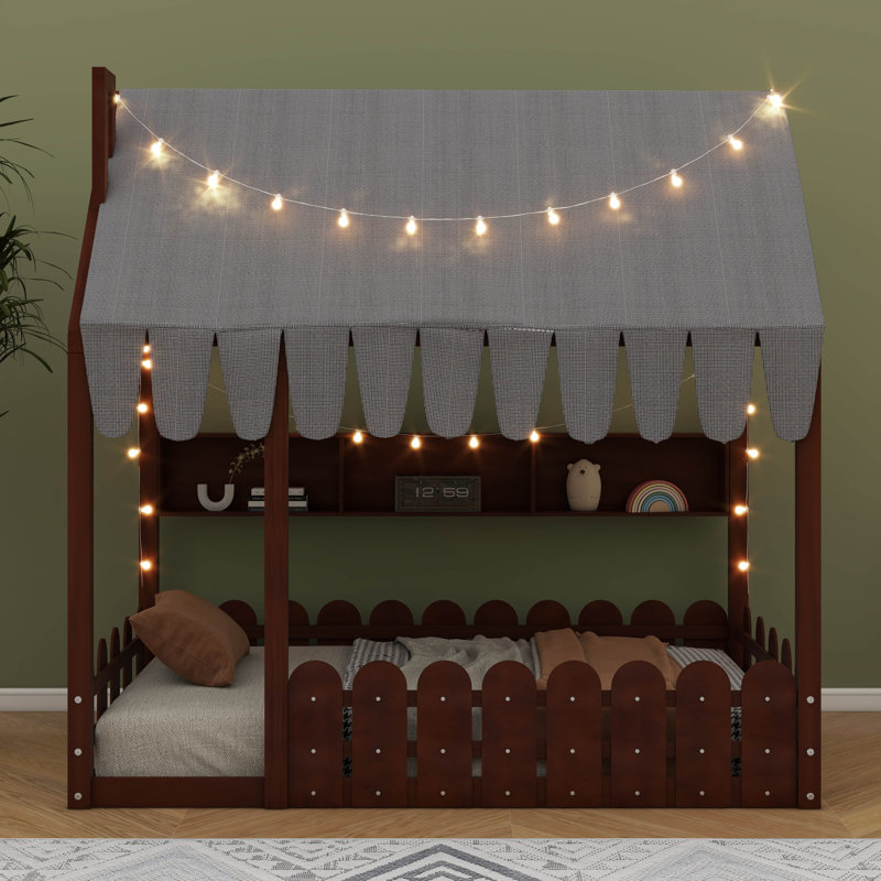 Lit de sol pour enfants avec barrière de sécurité, auvent, éclairage et unités de rangement triple Montessori, Twin, Espresso