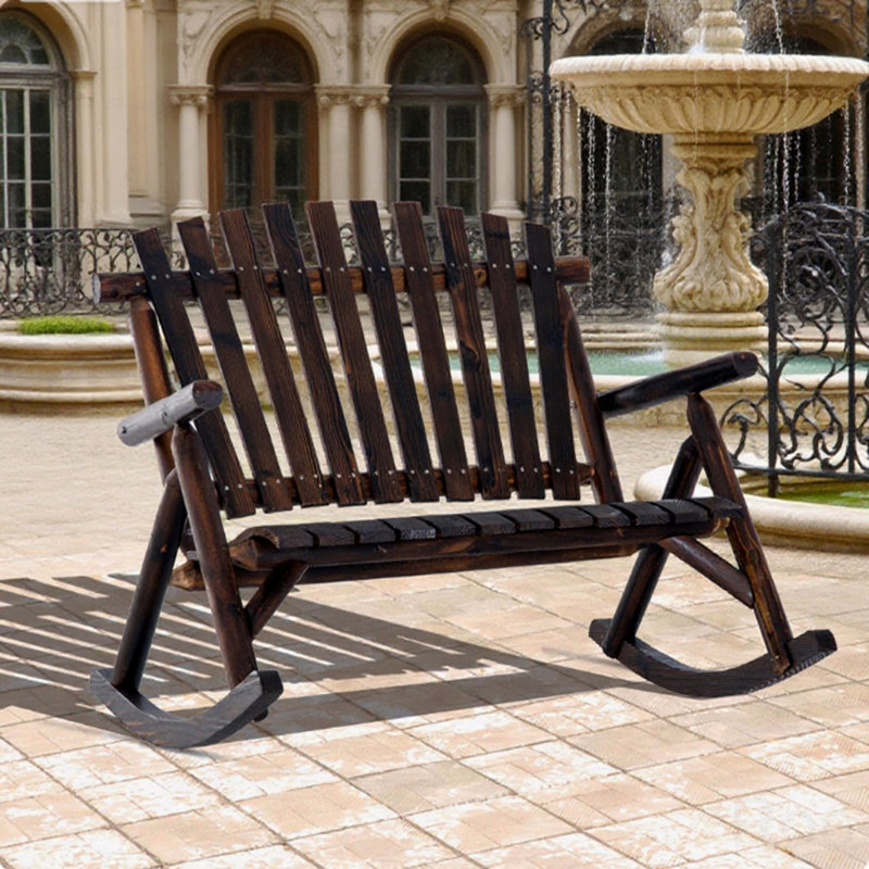 Outdoor Wooden Rocking Chair, Double-Person Rustic Adirondack Rocker