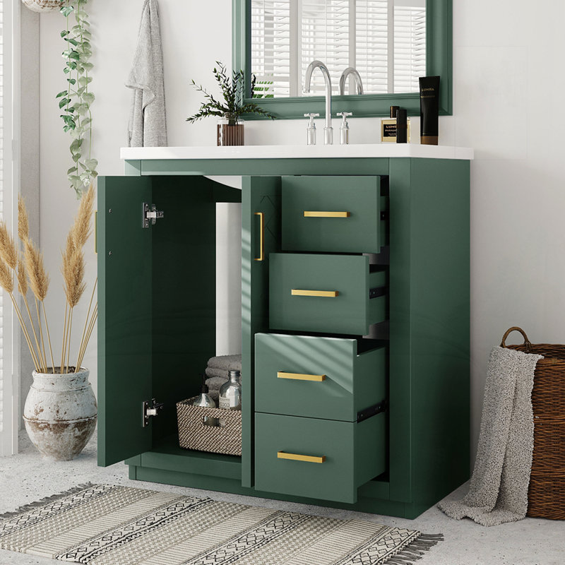 Meuble-lavabo 30 po avec lavabo en céramique, Vert, Doré