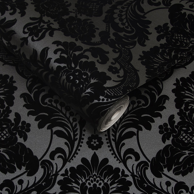 Rheo Damask Metallic Wallpaper Double Roll, Black