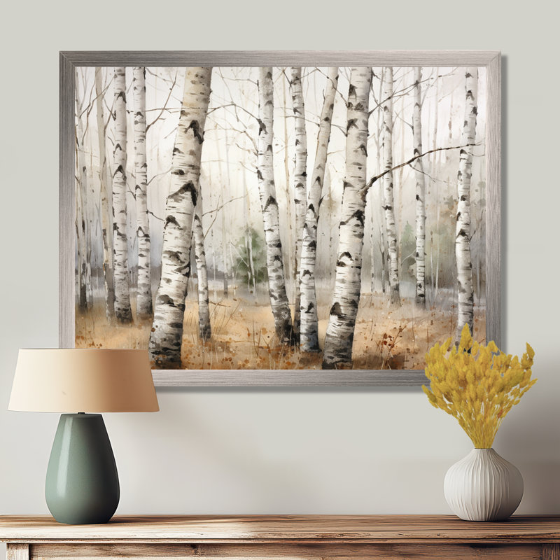 Minimalisme arbre Birchs Breath II - arbre bouleau, art mural, Cadre simple argenté, H 30 po x l 40 po x P 1,5 po
