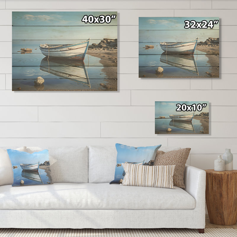 Bateau, paysage au bord du lac I - Bateau côtier, art mural sur bois de pin naturel, H 10 po x l 20 po