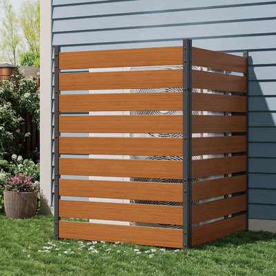 Outdoor Privacy Screen 2-Panel, 38" w x 50" h No-Dig Air Conditioner Fence, Aluminum Frame & Horizontal Vinyl Wall, for Pool Equipment, AC Unit, Trash Can Enclosure, Patio and Backyard,Teak