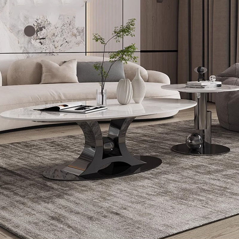 Italian minimalist oval rock table, 16.9" H x 47.2" W x 27.6" D, White, Black Titanium