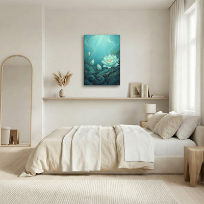 Art sur toile, fleurs de lotus turquoise avec contours dorés et phases de lune