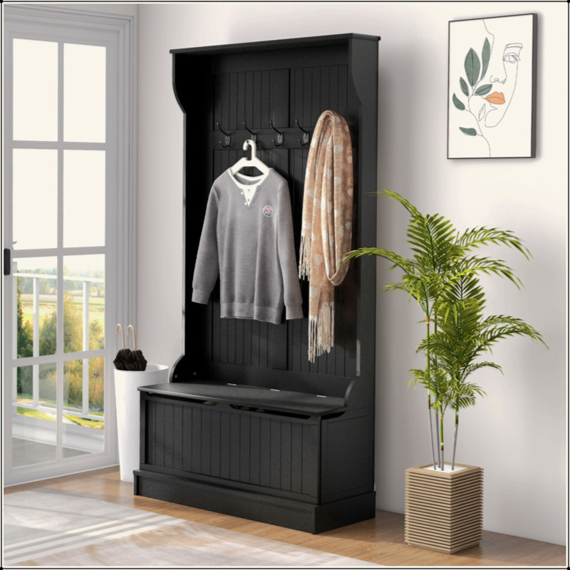 3-In-1 Entryway Hall Tree With Storage Bench, Coat Rack With Four Hooks And Shoe Storage, Black