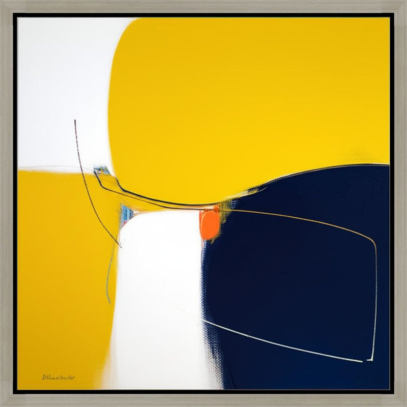 Abstrait jaune et bleu marine, composition d'art sur toile encadrée, 36" H x 36" W, Silver