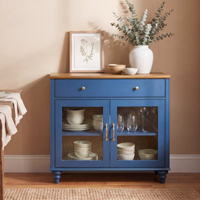 Buffet à 2 portes vitrées, table basse moderne avec tiroir, meubles de rangement de cuisine en bois, dosseret de style ferme pour salle à manger, bleu, 86 cm