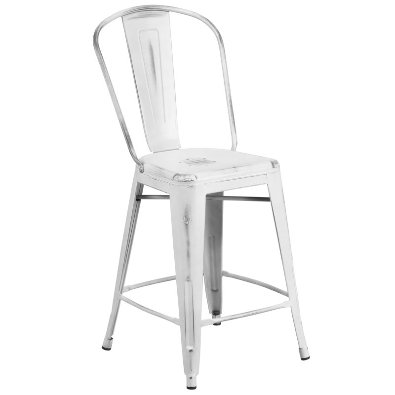 Commercial Grade Distressed Metal Indoor-Outdoor Counter Height Stool with Back, Counter Stool (24" Seat Height), White