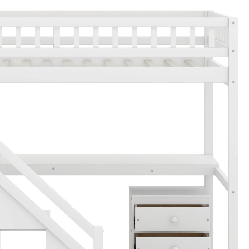 Lit mezzanine avec deux commodes, bureau et bande lumineuse, lit mezzanine en bois avec escalier de rangement et tablettes