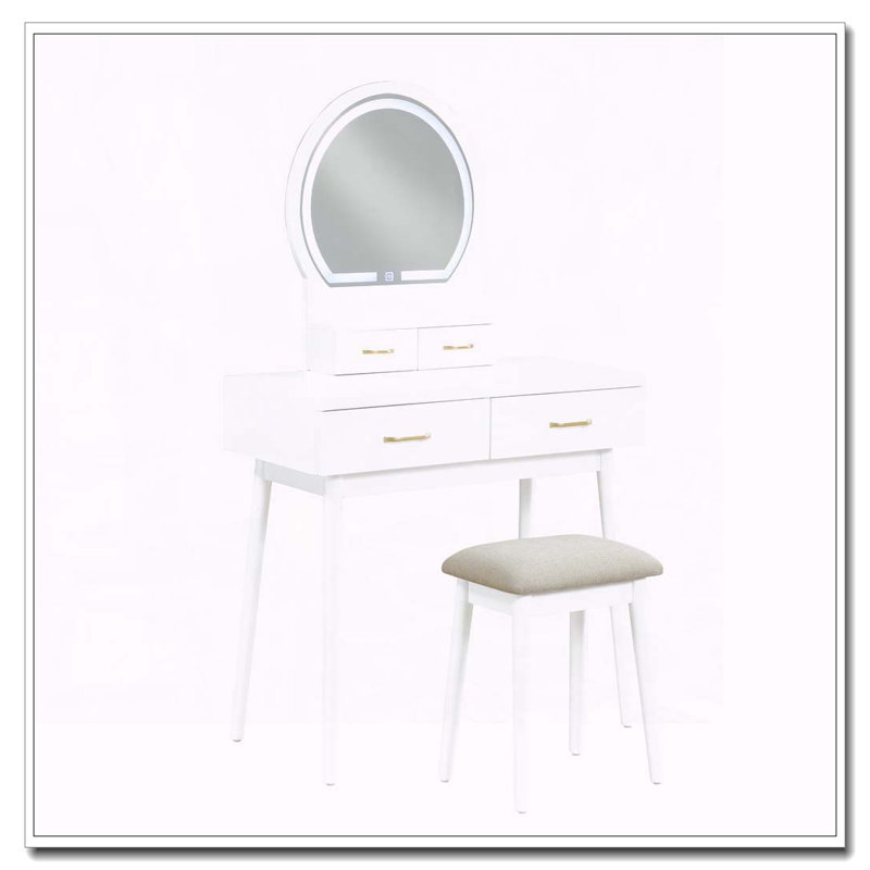 White Finish Vanity Dresser with LED Mirror, 4 Drawers and Stool, White