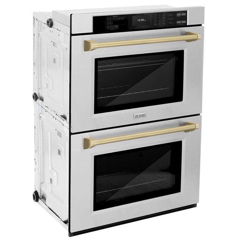 ZLINE 30 in. Autograph Double Wall Oven w/ Air Fry and Self Clean w/ Black Handles, Champagne Bronze, Stainless Steel