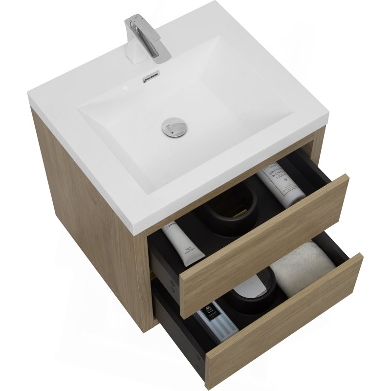 Meuble-lavabo mural 24 po avec lavabo, meuble de rangement flottant pour salle de bain avec comptoir en résine de pierre et tiroirs à fermeture en douceur, chêne naturel entièrement assemblé