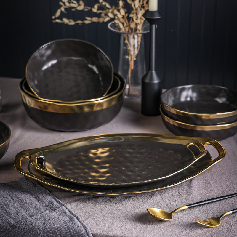 Stone Lain Florian 2-Piece Serving Oval Tray Plate Set Porcelain, Black