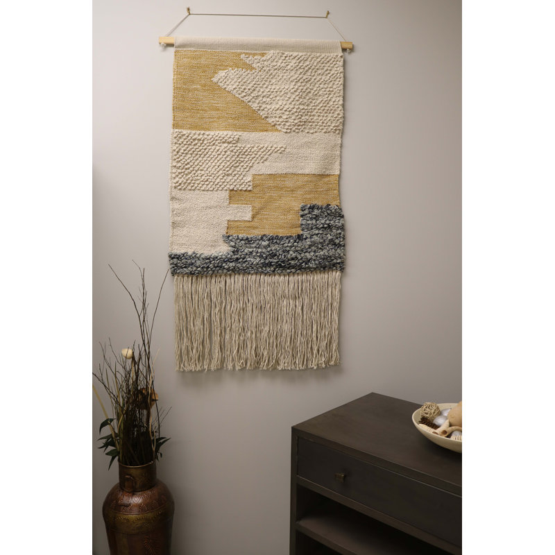 Applique murale en laine et coton macramé avec tringle incluse, Noir / Brun / Jaune, H 45 po x l 24 po