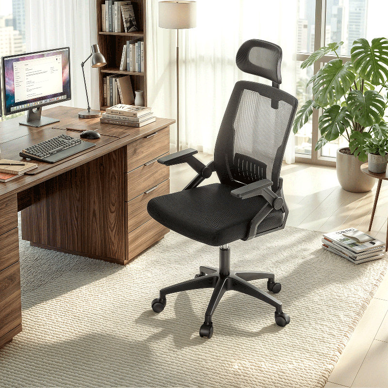 Chaise de bureau ergonomique en filet, chaise de travail roulante avec appui-tête réglable, accoudoirs rabattables et support lombaire