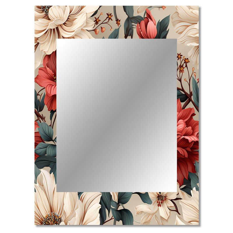 Clefa Vintage White Boho Floral Garden Delights - miroir floral, miroir mural décoratif floral, impression d'art en métal