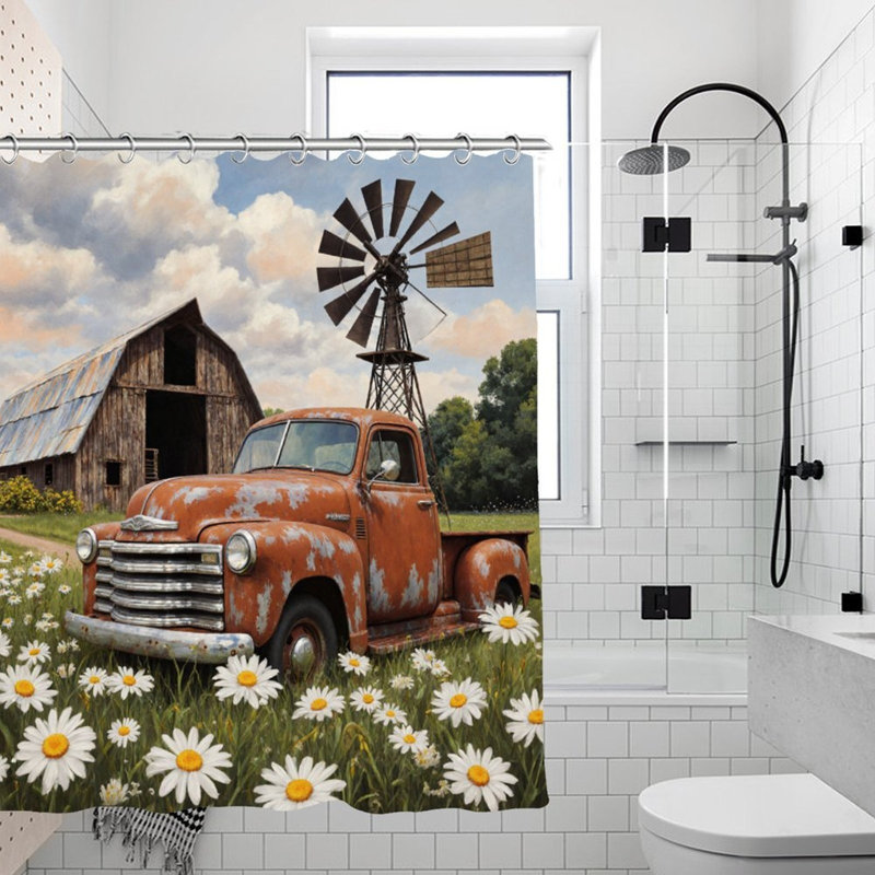 Rideaux de douche en grange patiné et orange pour salle de bain 71 x 71, Orange Weathered Barn & Orange Truck