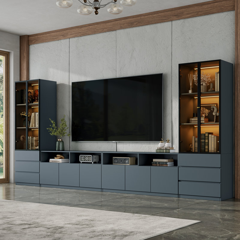 Meuble télé Crafton avec centre de divertissement modulaire de 141,7 po avec bibliothèque pour téléviseur de 100 pouces, ensemble d'armoire de rangement moderne en bois avec console média extra longue et bibliothèque à lumières