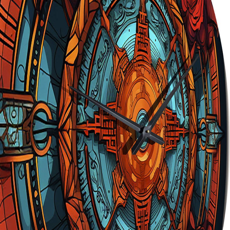 Horloge murale rétro en métal mandala floral rouge et turquoise, Très grand