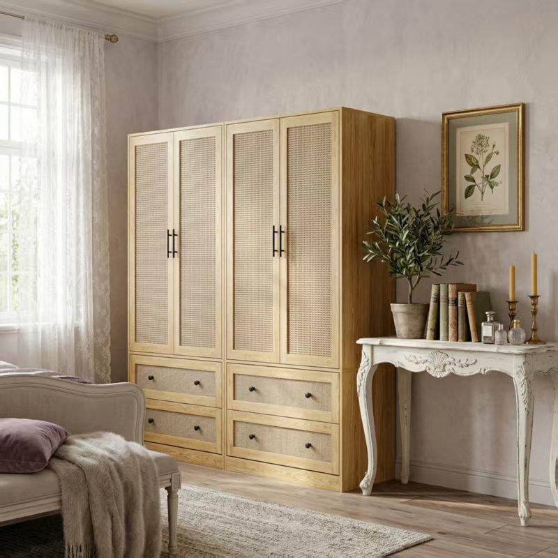 Ensemble de garde-robe de 62,8 po à 4 portes en rotin avec 4 tiroirs et conception anti-basculement