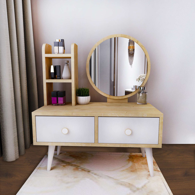 Elegant Make-Up Table with Mirror, White & Sapphire, 27.6 x 30.8 x 13.8 inches | 100% Melamine Coated Particle Board, Thickness: 0.7 inches | Stylish & Functional Design for Modern Bedrooms & Dressing Areas