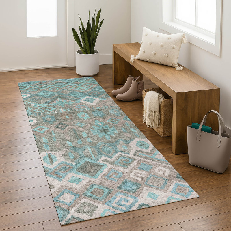 Premium Machine Washable Mayfield AMF2304 Casual Rug, 2'3" x 7'6" Runner, Teal
