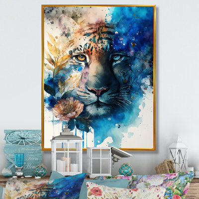 Portrait de tigre avec fleurs II - tigre, reproduction sur toile encadrée
