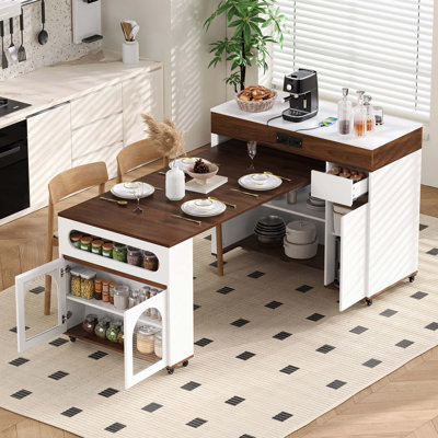 Table de salle à manger extensible noyer et blanc crème, îlot de cuisine mobile à roulettes avec tiroir et verrou de frein