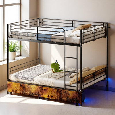 Lit superposé avec station de charge USB, capable de se séparer, lit superposé en métal, espace de rangement, lit avec barrière de sécurité et échelles, aucun sommier nécessaire