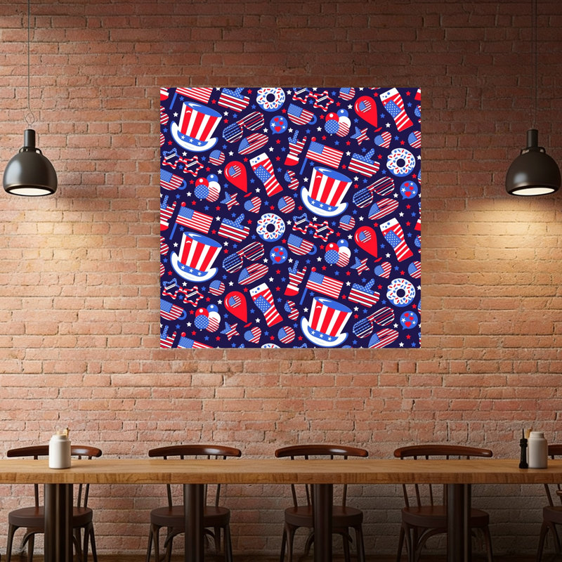 Tableau abstrait contemporain représentant un paysage d'été pour la fête nationale américaine du 4 juillet, 48" H x 48" W
