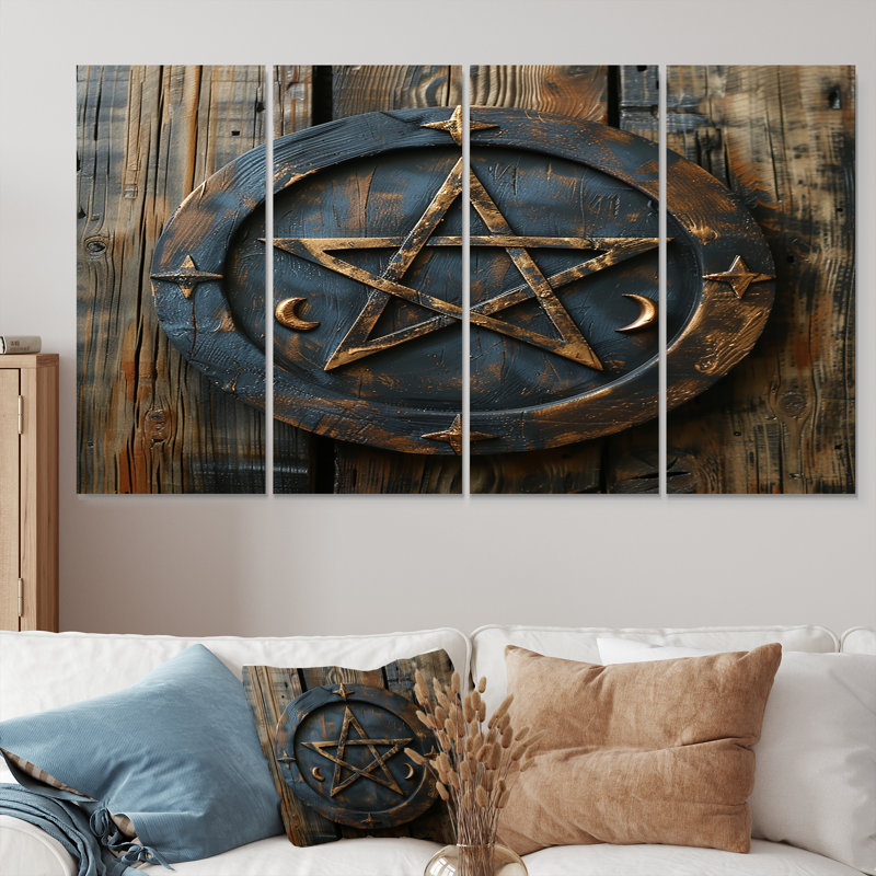 «Wicca Pentagram - Spiritual Stone», art mural pour le salon, 4 pièces, H 32 po x l 64 po