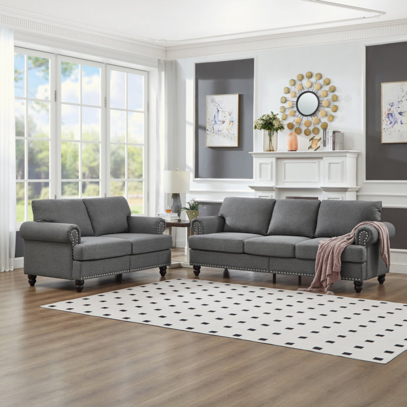 Canapé en tissu d'ameublement moderne et classique avec clous pour canapé 2 + 3 places, Gris