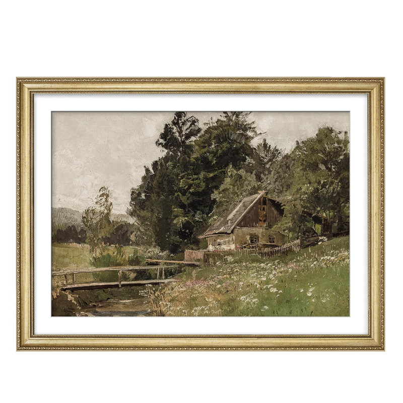 Charmante maison de campagne accueillante entourée d'arbres et d'un pont, décoration murale encadrée en or, Oui